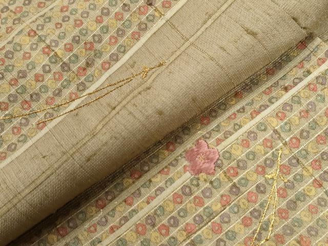 平和屋着物●訪問着　紬地　刺繍　横段吉祥溢れ松葉花文　金糸　正絹　逸品　CABG0390yc