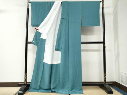 平和屋着物●上質な色無地　錆浅葱色　ロング丈　正絹　逸品　未使用　CABG0391yc