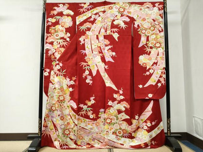 平和屋着物●豪華振袖　駒刺繍　鬘帯毬松竹梅花文　金彩　正絹　逸品　CABG0397yc