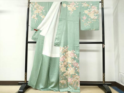 平和屋着物●訪問着　駒刺繍　扇面草花文　金彩　正絹　逸品　CABG0412yc