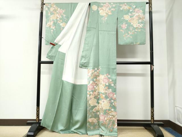 平和屋着物●訪問着　駒刺繍　扇面草花文　金彩　正絹　逸品　CABG0412yc