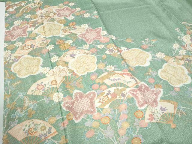 平和屋着物●訪問着　駒刺繍　扇面草花文　金彩　正絹　逸品　CABG0412yc