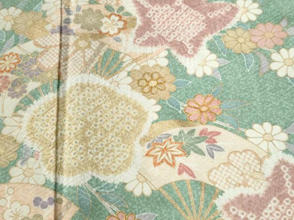 平和屋着物●訪問着　駒刺繍　扇面草花文　金彩　正絹　逸品　CABG0412yc