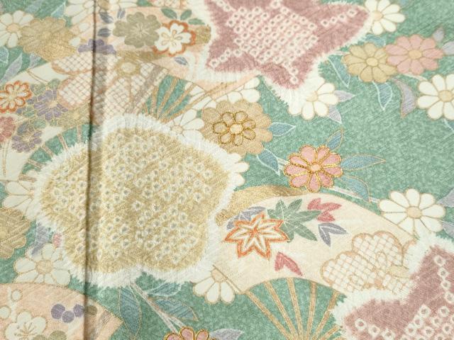 平和屋着物●訪問着　駒刺繍　扇面草花文　金彩　正絹　逸品　CABG0412yc