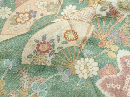 平和屋着物●訪問着　駒刺繍　扇面草花文　金彩　正絹　逸品　CABG0412yc