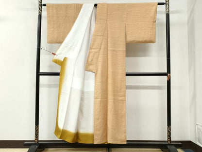 平和屋着物●結城紬　色無地　杏色　正絹　逸品　CABG0445yc