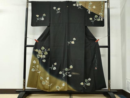 平和屋着物●訪問着　作家物　駒刺繍　葵　暈し染め　黒地　金彩　正絹　逸品　CABG0446yc