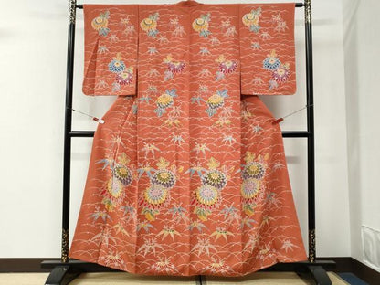 平和屋着物●訪問着　型染め　露芝菊笹文　正絹　逸品　未使用　CABG0449yc