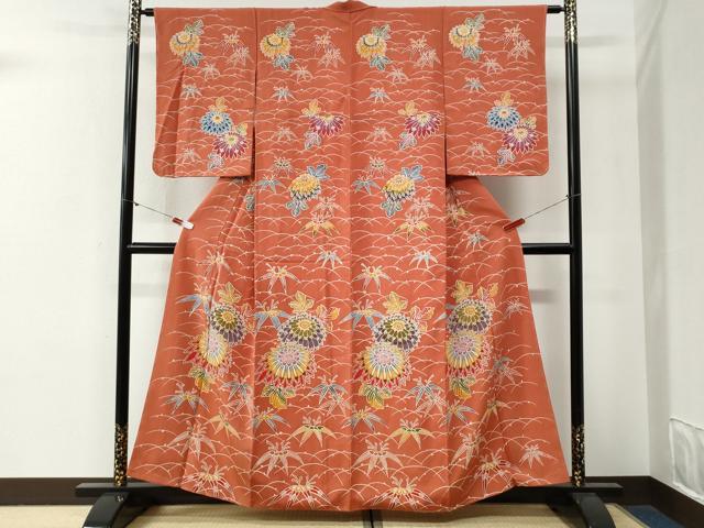 平和屋着物●訪問着　型染め　露芝菊笹文　正絹　逸品　未使用　CABG0449yc