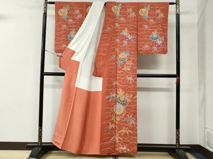 平和屋着物●訪問着　型染め　露芝菊笹文　正絹　逸品　未使用　CABG0449yc