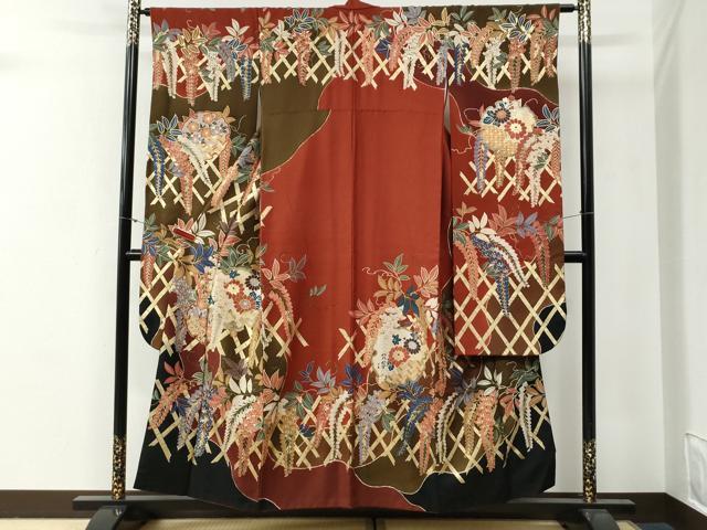 平和屋着物●豪華振袖　竹垣雪輪枝垂れ花文　金彩　正絹　逸品　CABG0451yc