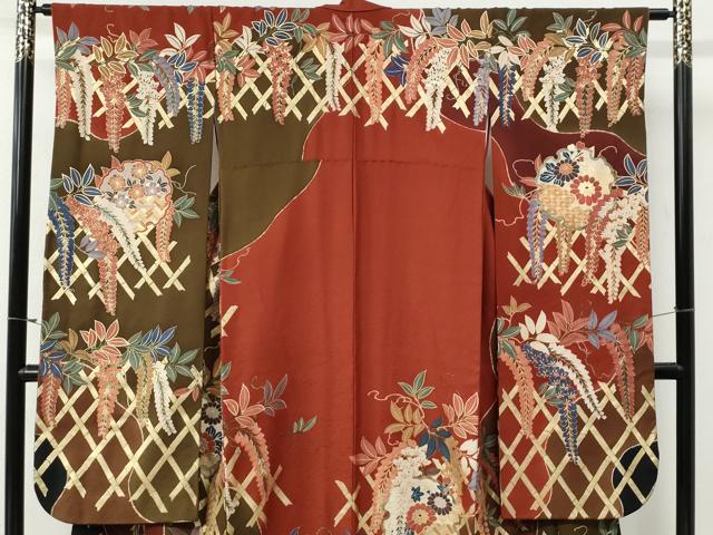 平和屋着物●豪華振袖　竹垣雪輪枝垂れ花文　金彩　正絹　逸品　CABG0451yc
