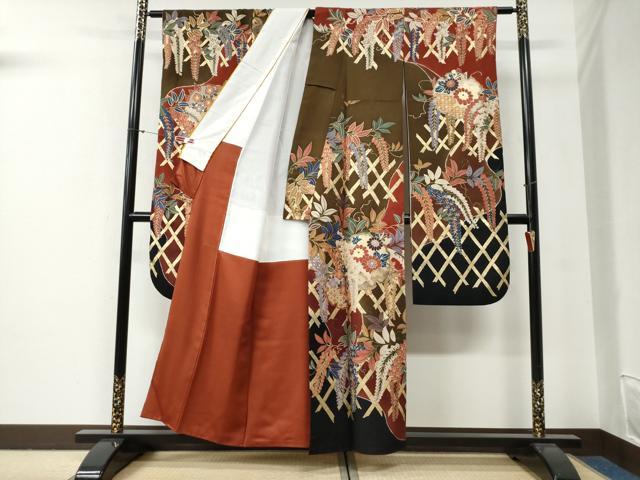 平和屋着物●豪華振袖　竹垣雪輪枝垂れ花文　金彩　正絹　逸品　CABG0451yc