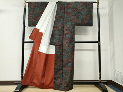 平和屋着物●本場大島紬　7マルキ　色紙更紗草花文　正絹　逸品　CABG0458yc