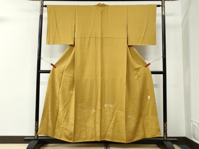平和屋着物●本加賀友禅作家　押田正義　色留袖　檜垣渡り橋人物御所車花文　黄朽葉色　正絹　逸品　CABG0464yc