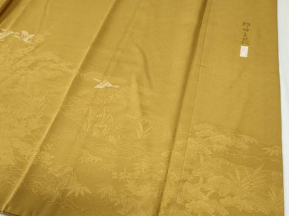 平和屋着物●本加賀友禅作家　押田正義　色留袖　檜垣渡り橋人物御所車花文　黄朽葉色　正絹　逸品　CABG0464yc
