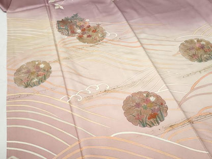平和屋着物●中国三大刺繍　スワトウ刺繍　訪問着　立波雪輪御所車花文　暈し染め　金彩　正絹　逸品　未使用　CABG0465yc