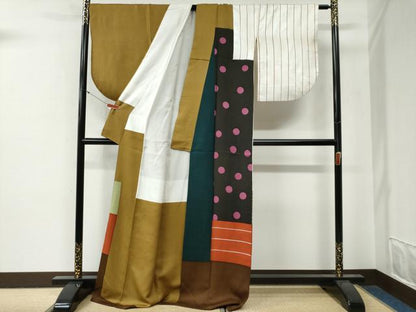 平和屋着物●訪問着　水玉　横縞　千鳥格子　ロング丈　正絹　逸品　CABG0466yc