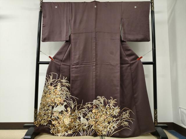 平和屋着物●豪華色留袖　駒刺繍　兎　芒　草花文　金彩　正絹　逸品　CABG0470yc