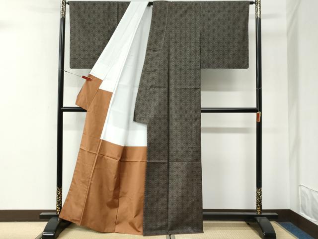 平和屋着物●本場大島紬　9マルキ　泥染め　麻の葉文様　大山謹製　証紙付き　正絹　逸品　未使用　CABG0476yc