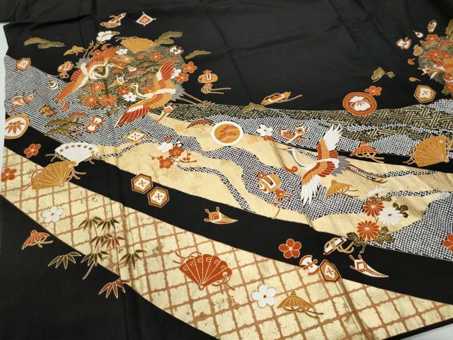 平和屋着物●豪華黒留袖　駒刺繍　鬘帯飛鶴松竹梅宝尽くし花文　金彩　三越扱い　正絹　逸品　CABG0482yc