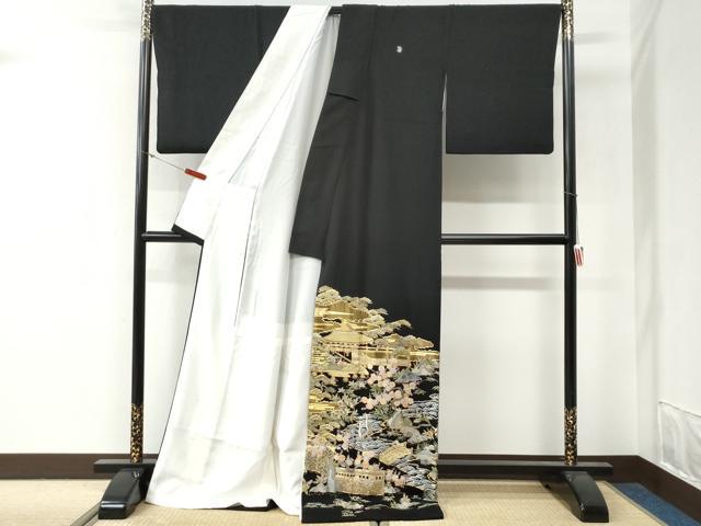 平和屋着物●豪華黒留袖　作家物　総刺繍　駒刺繍　群鶴松竹梅風景文　金糸　ロング丈　正絹　逸品　CABG0491yc