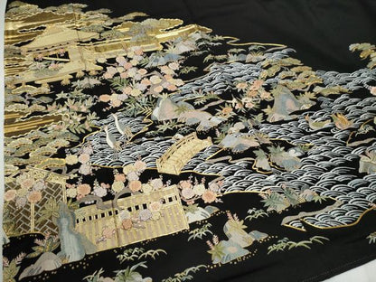 平和屋着物●豪華黒留袖　作家物　総刺繍　駒刺繍　群鶴松竹梅風景文　金糸　ロング丈　正絹　逸品　CABG0491yc