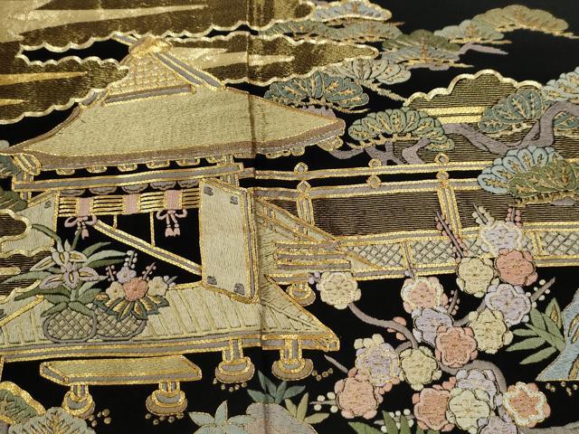 平和屋着物●豪華黒留袖　作家物　総刺繍　駒刺繍　群鶴松竹梅風景文　金糸　ロング丈　正絹　逸品　CABG0491yc