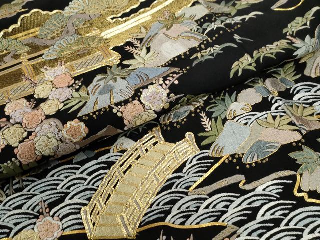 平和屋着物●豪華黒留袖　作家物　総刺繍　駒刺繍　群鶴松竹梅風景文　金糸　ロング丈　正絹　逸品　CABG0491yc