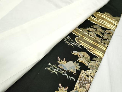 平和屋着物●豪華黒留袖　作家物　総刺繍　駒刺繍　群鶴松竹梅風景文　金糸　ロング丈　正絹　逸品　CABG0491yc