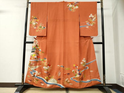 平和屋本店●アンティーク　大正ロマン　訪問着　総刺繍　駒刺繍　松竹梅籬風景文　金銀糸　正絹　逸品　CABG0499yc