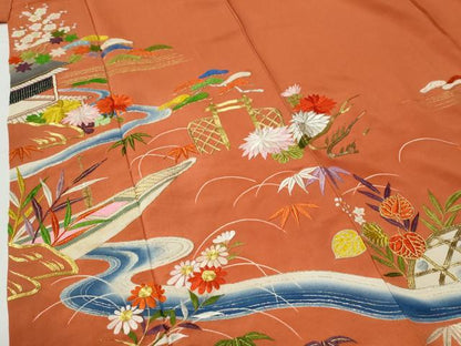 平和屋本店●アンティーク　大正ロマン　訪問着　総刺繍　駒刺繍　松竹梅籬風景文　金銀糸　正絹　逸品　CABG0499yc