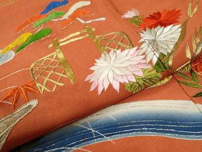 平和屋本店●アンティーク　大正ロマン　訪問着　総刺繍　駒刺繍　松竹梅籬風景文　金銀糸　正絹　逸品　CABG0499yc