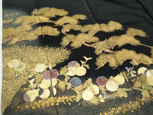 平和屋着物●豪華黒留袖　枝松菊文　ラメ糸　暈し染め　金彩　仮絵羽　正絹　逸品　未使用　CABG0503yc