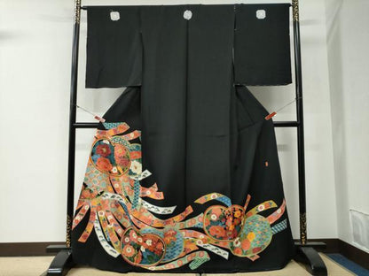 平和屋着物●本加賀友禅作家　清藤武二　黒留袖　鬘帯吉祥花唐草文　金彩　仮絵羽　正絹　逸品　未使用　CABG0504yc