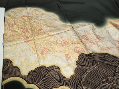 平和屋着物●豪華黒留袖　更紗花唐草文　暈し染め　金彩　仮絵羽　正絹　逸品　未使用　CABG0508yc