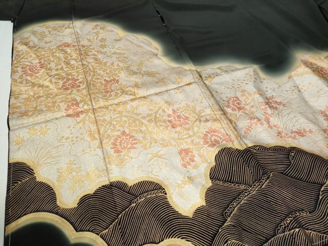 平和屋着物●豪華黒留袖　更紗花唐草文　暈し染め　金彩　仮絵羽　正絹　逸品　未使用　CABG0508yc
