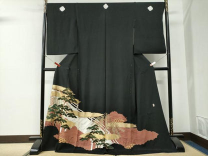 平和屋着物●豪華黒留袖　作家物　渡り橋浜松籬草花文　金彩　仮絵羽　正絹　逸品　未使用　CABG0509yc
