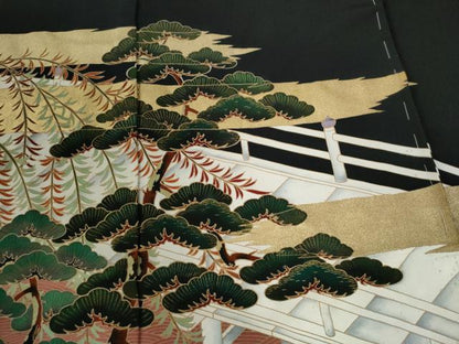 平和屋着物●豪華黒留袖　作家物　渡り橋浜松籬草花文　金彩　仮絵羽　正絹　逸品　未使用　CABG0509yc