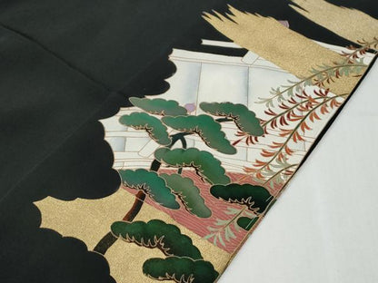 平和屋着物●豪華黒留袖　作家物　渡り橋浜松籬草花文　金彩　仮絵羽　正絹　逸品　未使用　CABG0509yc