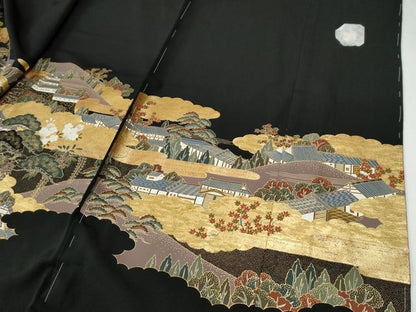平和屋着物●高級染元　粋峰　林芳夫　京加賀友禅　黒留袖　雲取り遠山風景文　金彩　仮絵羽　正絹　逸品　未使用　CABG0513yc