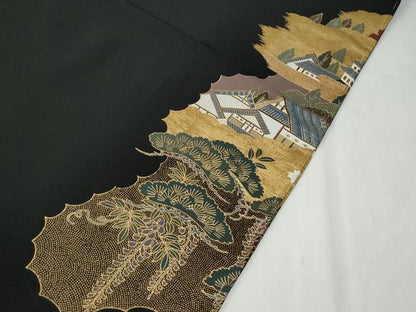 平和屋着物●高級染元　粋峰　林芳夫　京加賀友禅　黒留袖　雲取り遠山風景文　金彩　仮絵羽　正絹　逸品　未使用　CABG0513yc