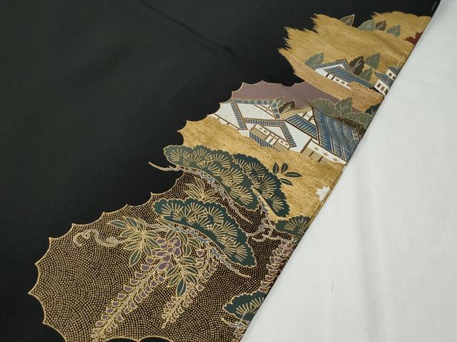 平和屋着物●高級染元　粋峰　林芳夫　京加賀友禅　黒留袖　雲取り遠山風景文　金彩　仮絵羽　正絹　逸品　未使用　CABG0513yc