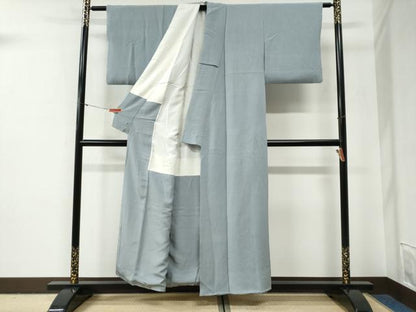 平和屋着物●上質な色無地　灰青色　鬼しぼ縮緬　正絹　逸品　CABG0524yc