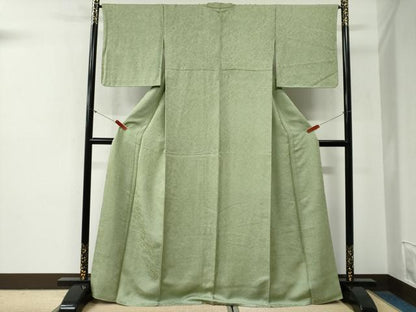 平和屋着物●上質な色無地　吉祥地紋　柳色　正絹　逸品　CABG0525yc
