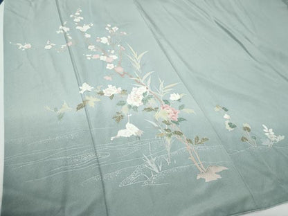平和屋着物●訪問着　友禅　流水群鶴草花文　暈し染め　正絹　逸品　CABG0545yc