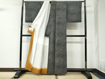 平和屋着物●上質な小紋　よろけ縞　黒地　正絹　逸品　CABG0556yc