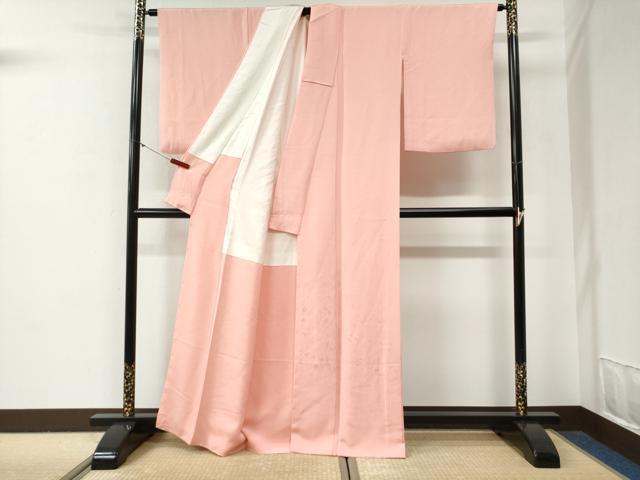 平和屋着物●色留訪問着　竹垣草花地紋　珊瑚色　正絹　逸品　CABG0559yc