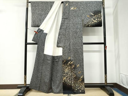 平和屋着物●訪問着　作家物　飛鶴箔散らし　たたき染め　黒地　金彩　正絹　逸品　CABG0563yc