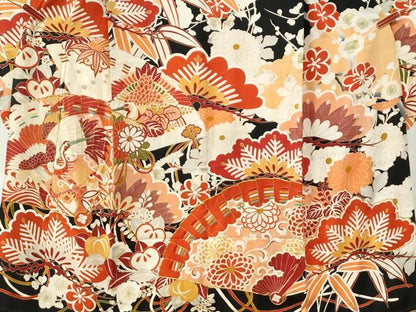平和屋本店●アンティーク　大正ロマン　振袖　駒刺繍　檜扇吉祥松竹梅花文　黒地　金彩　正絹　逸品　CABG0576yc